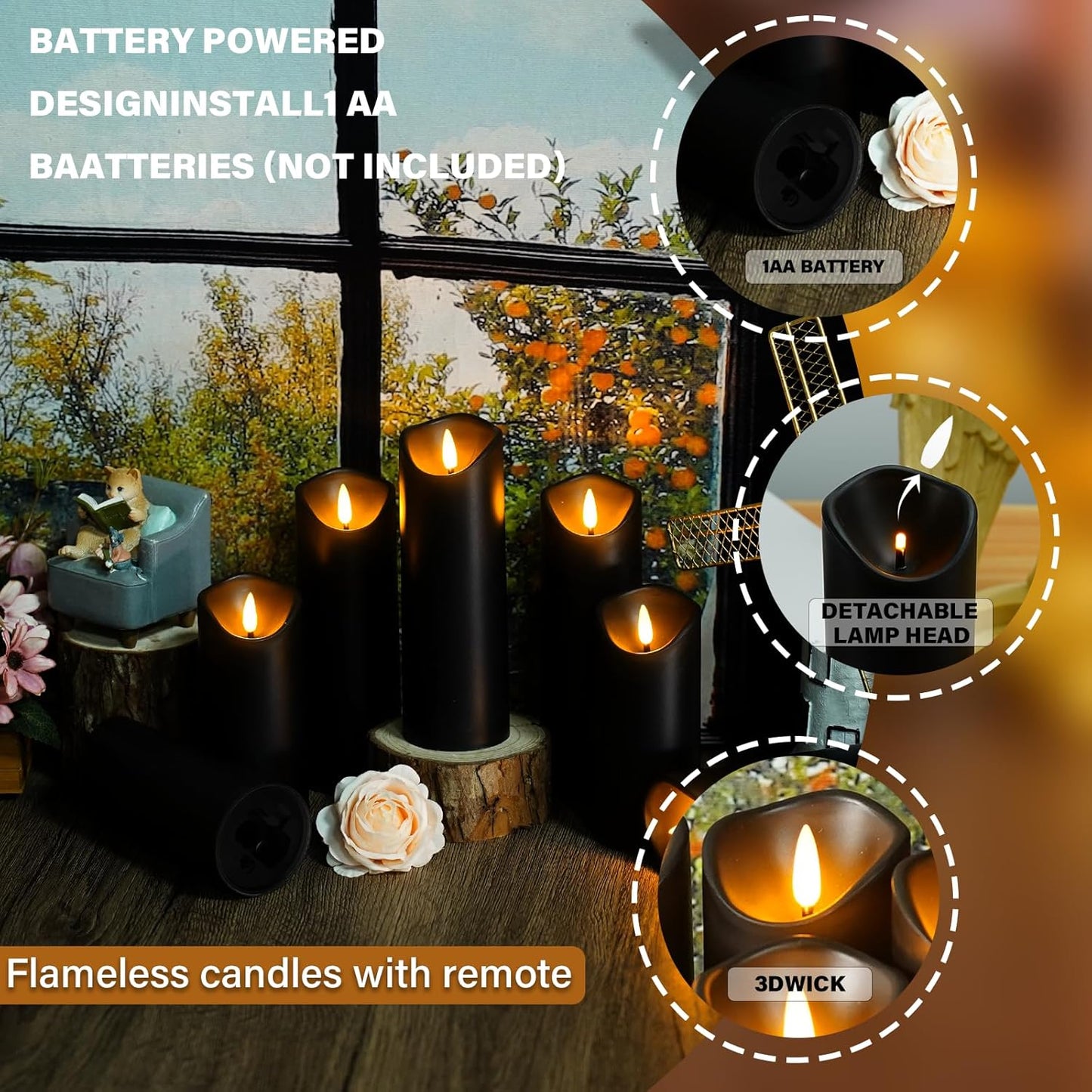Nimiko Flameless Candles with Remote, Battery Operated Flickering Flameless Candles, LED Candles with Timer 2/4/6/8H, with Realistic LED Candles Set of 9 (D3 x H 3" 4" 5" 6" 7") (White)