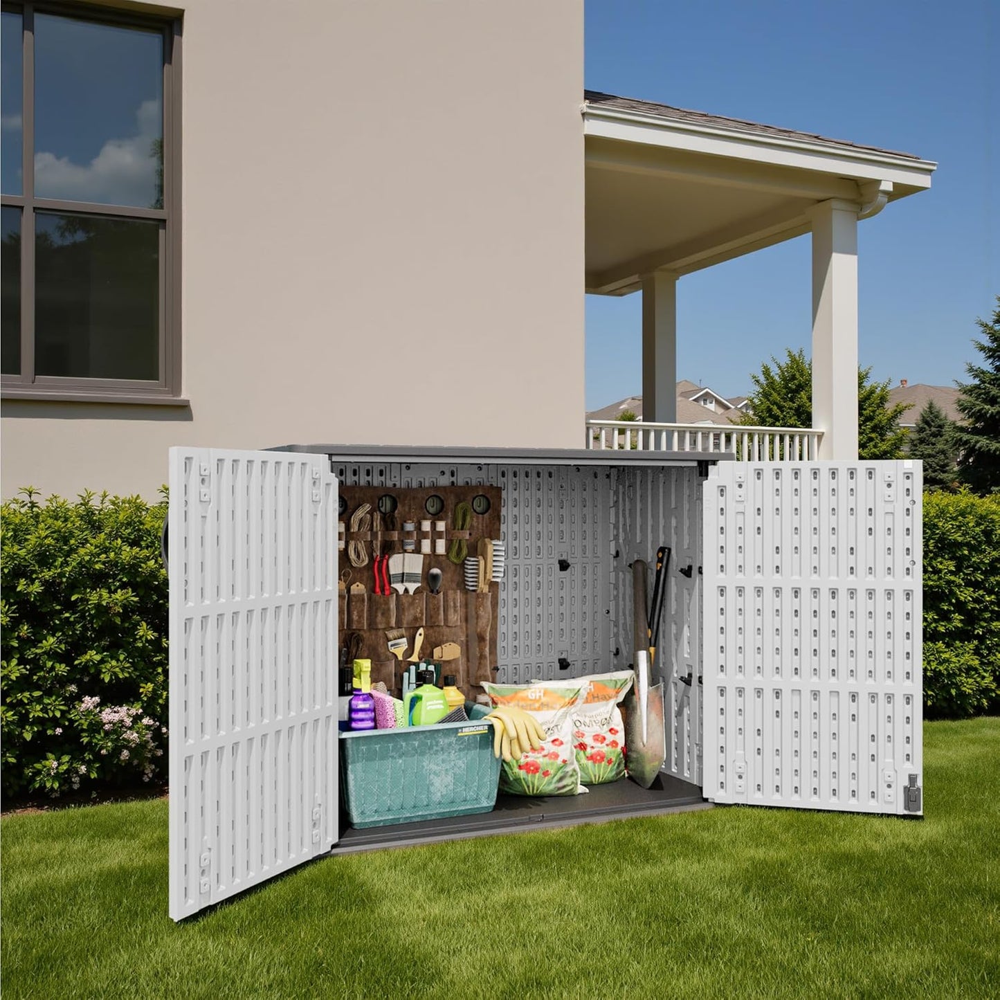 Patiowell 26 Cu.ft Outdoor Storage Cabinet with Lockable Door, Waterproof Horizontal Storage Shed for Tools and Patio Furniture, All-Weather Resin Shed Easy Assemble for Pool or Backyards, Brown