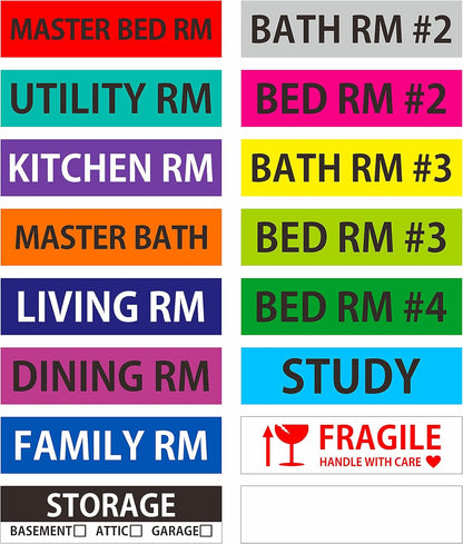 640 Pcs Removable Home Moving Labels 15 Pre-Printed Color-Coded Plus 1 Customizable Blank (Each Measures 4" x 1")