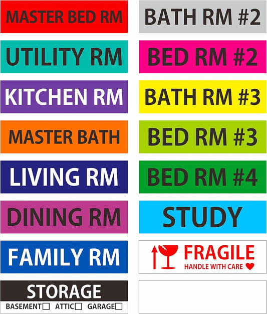 640 Pcs Removable Home Moving Labels 15 Pre-Printed Color-Coded Plus 1 Customizable Blank (Each Measures 4" x 1")