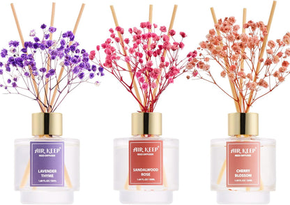 Airkeep Reed Diffuser Set of 3,Clean Linen Ocean Mist&Sea Salt Lavender Eucalyptus Oil Reed Diffusers for Bedroom Living Room Office Aromatherapy Oil Reed Diffuser for Gift 50ml x 3