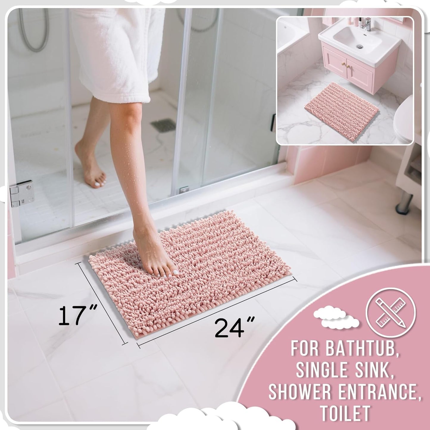 Yimobra Bathroom Rugs Non Slip Washable - Ultra Soft Absorbent Chenille Bath Mat, Quick Dry Shaggy Floor Carpet for Tub Shower, Gray Home Decor Accessories, 24x17 Inch