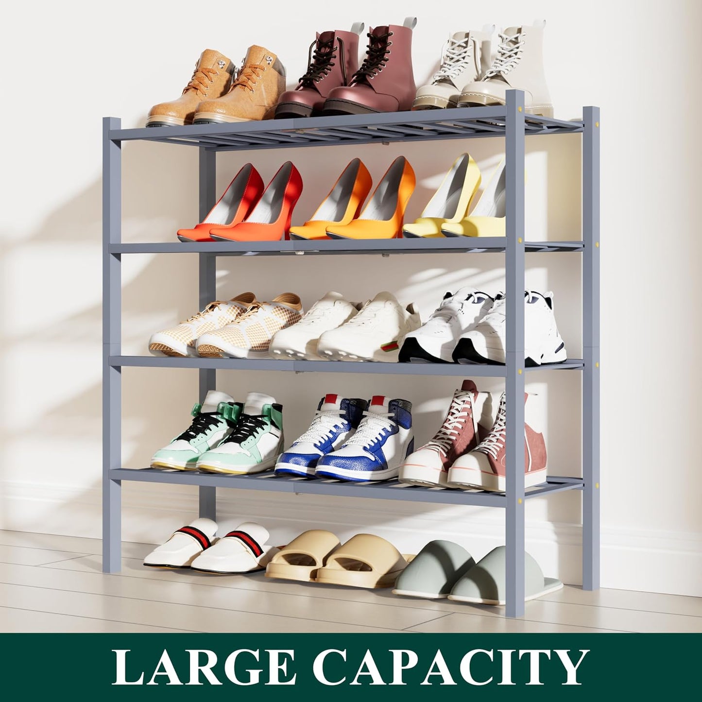 Smiry Bamboo Shoe Rack, 3 Tier Free Standing Wooden Shoe Organizer, Stackable Wood Shoe Storage Shelf for Closet, Entryway, 12 Vertical Slats, 2+1 Stack Standard Legs, 26.8"x11"x19.5", Natural