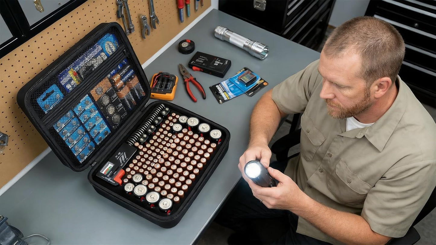 Comecase Battery Storage Case with Tester, Holds 148+ AA AAA C D 9V, Black | Hard-Shell Design, Carry Handle and Custom Foam Slots Keep Batteries Visible, Separated and Ready for Home, Garage or Office