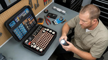 Comecase Battery Storage Case with Tester, Holds 148+ AA AAA C D 9V, Black | Hard-Shell Design, Carry Handle and Custom Foam Slots Keep Batteries Visible, Separated and Ready for Home, Garage or Office