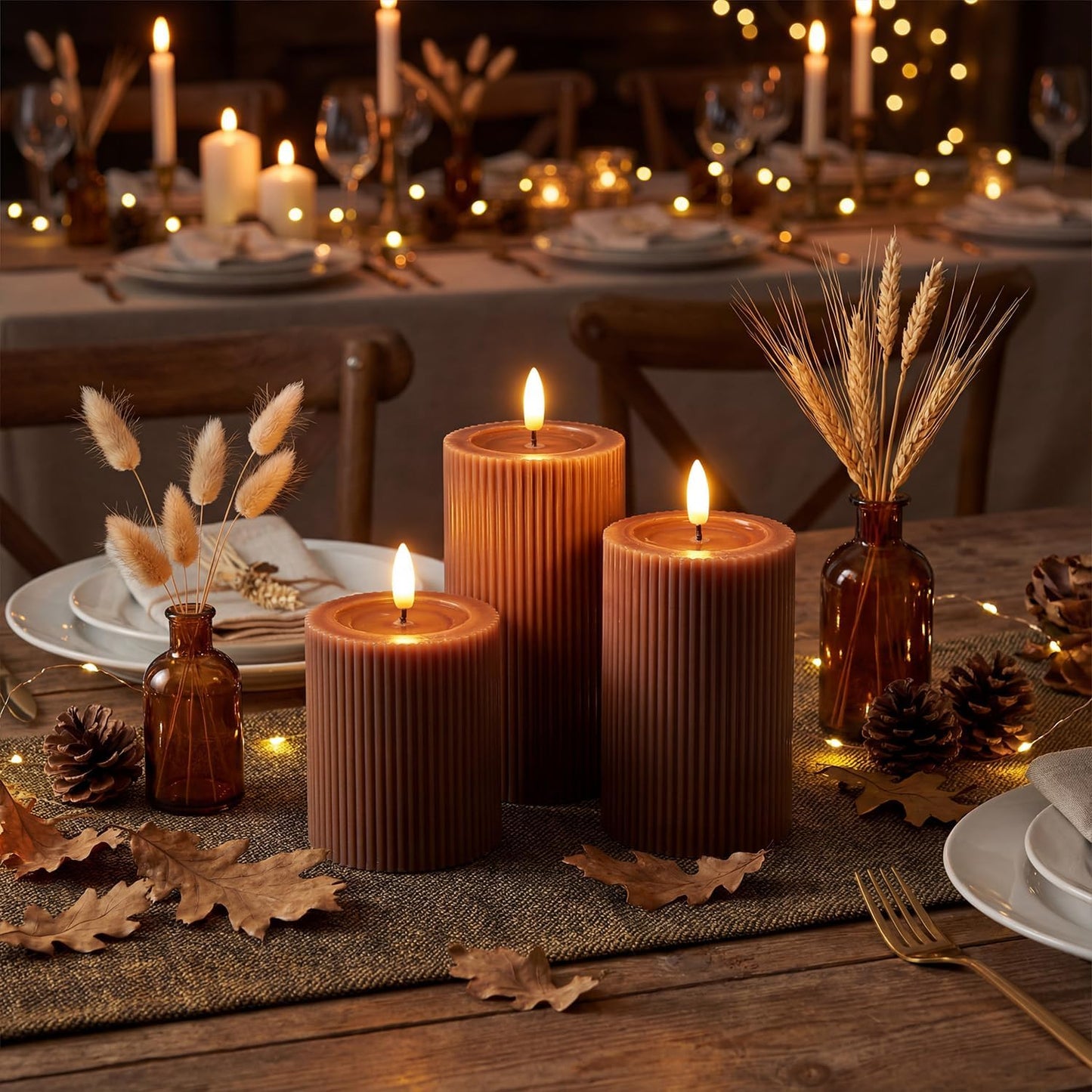 Fluted Ribbed LED Pillar Candles, Cream Beige, with Realistic Reflective Melted-Wax Effect – Flickering Flame, Remote, Dimmable, Flameless, Battery Operated, Home & Wedding Decor (Set of 3)