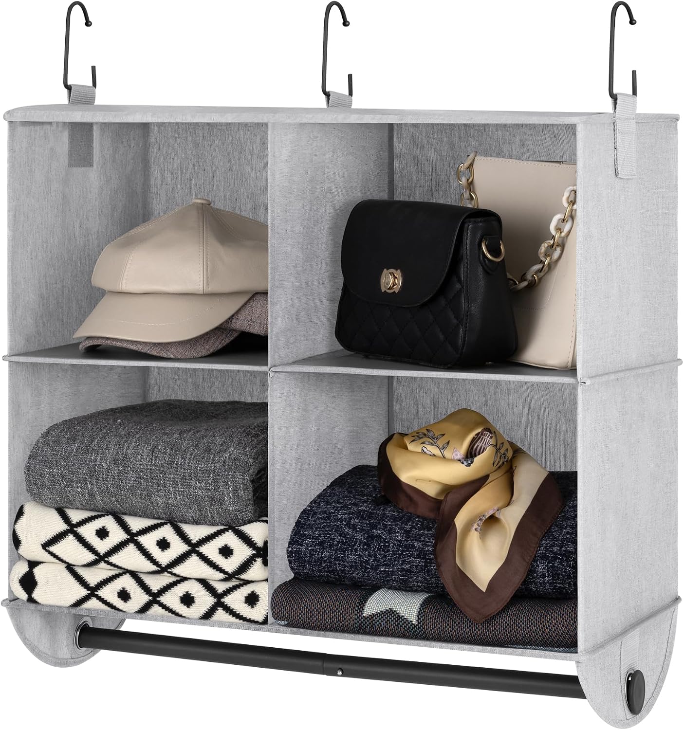 StorageWorks Hanging Closet Organizer with Metal Rod, 4-Section Closet Organizers and Storage, Collapsible Hanging Shelves for Baby Clothes, Shoes, Sweater Storage, Ivory and White
