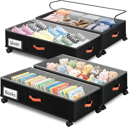 Under Bed Storage with Wheels 2-Pack, Under Bed Storage Containers 66L Clear Lids, Rolling Storage Drawers for Clothes Shoes Blankets, Underbed Organizer Bins(30" L x 16.2" W x 7.5" H)