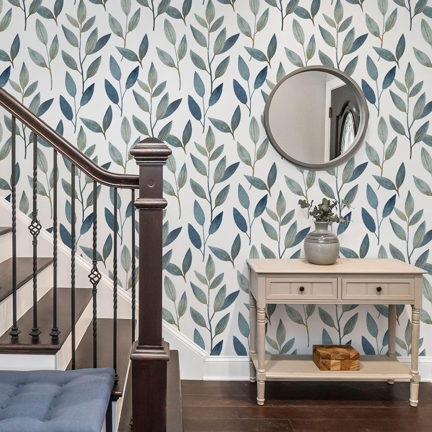 Blue Gold Leaf Peel and Stick Wallpaper Modern Self Adhesive Contact Paper Waterproof Removable Wall Paper for Bathroom Living Room 17.7"x70.8" Luxury Decorative Wallpaper