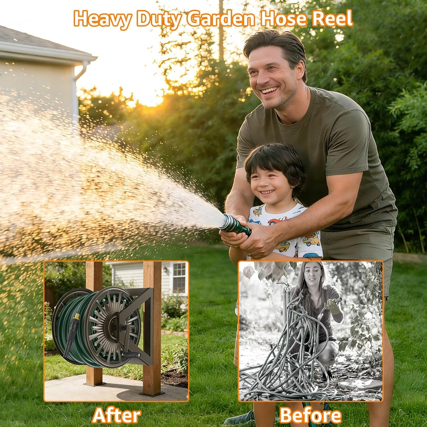 GOFORWILD Garden Wall Mount Hose Reel, Decorative Hose Reel, Garden Heavy-Duty Water Hose Holder Winder, Holds 200-Feet of 5/8-Inch Hose
