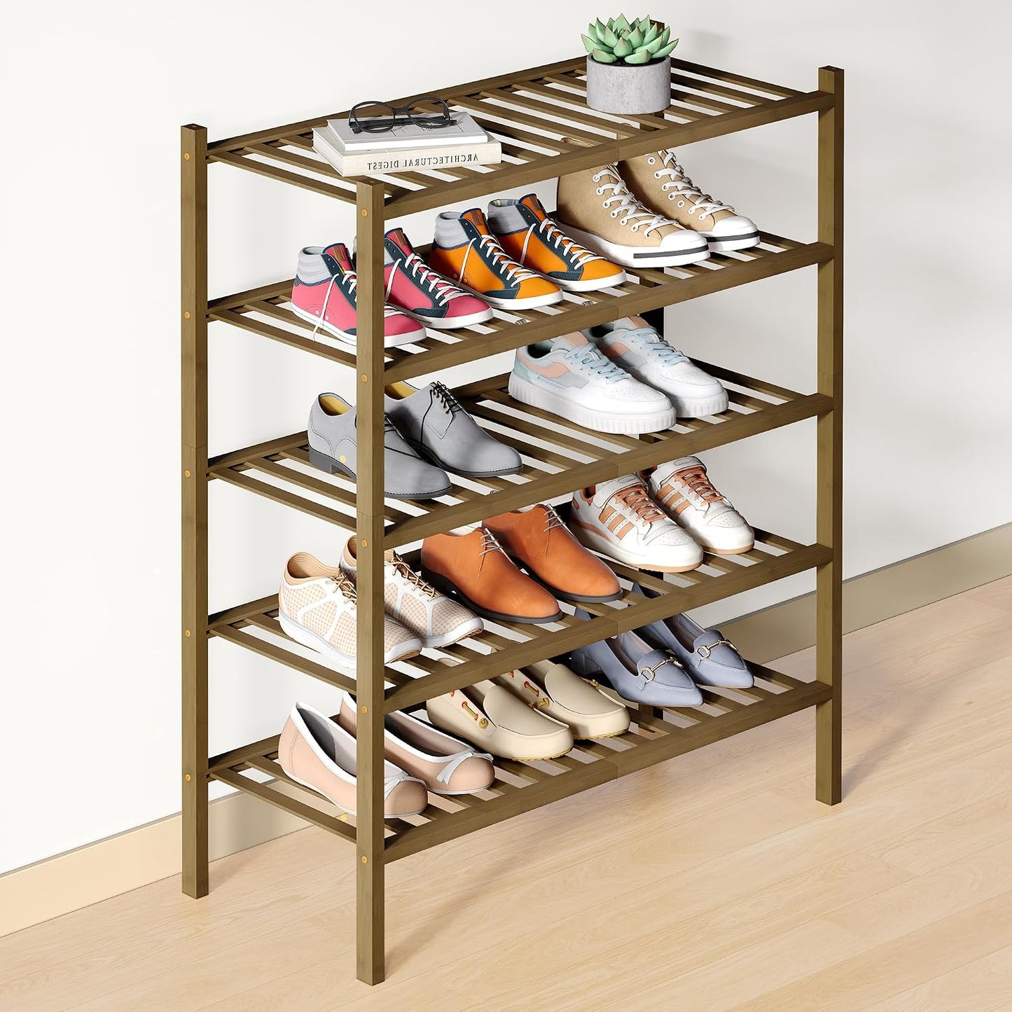 Smiry Bamboo Shoe Rack for Closet, 3 Tier Wooden Shoe Organizer, Stackable Wood Shoe Storage Shelf for Entryway, 14 Vertical Slats, One-piece Heavy-Duty Legs, 26.77"x11.02"x18.31", Natural