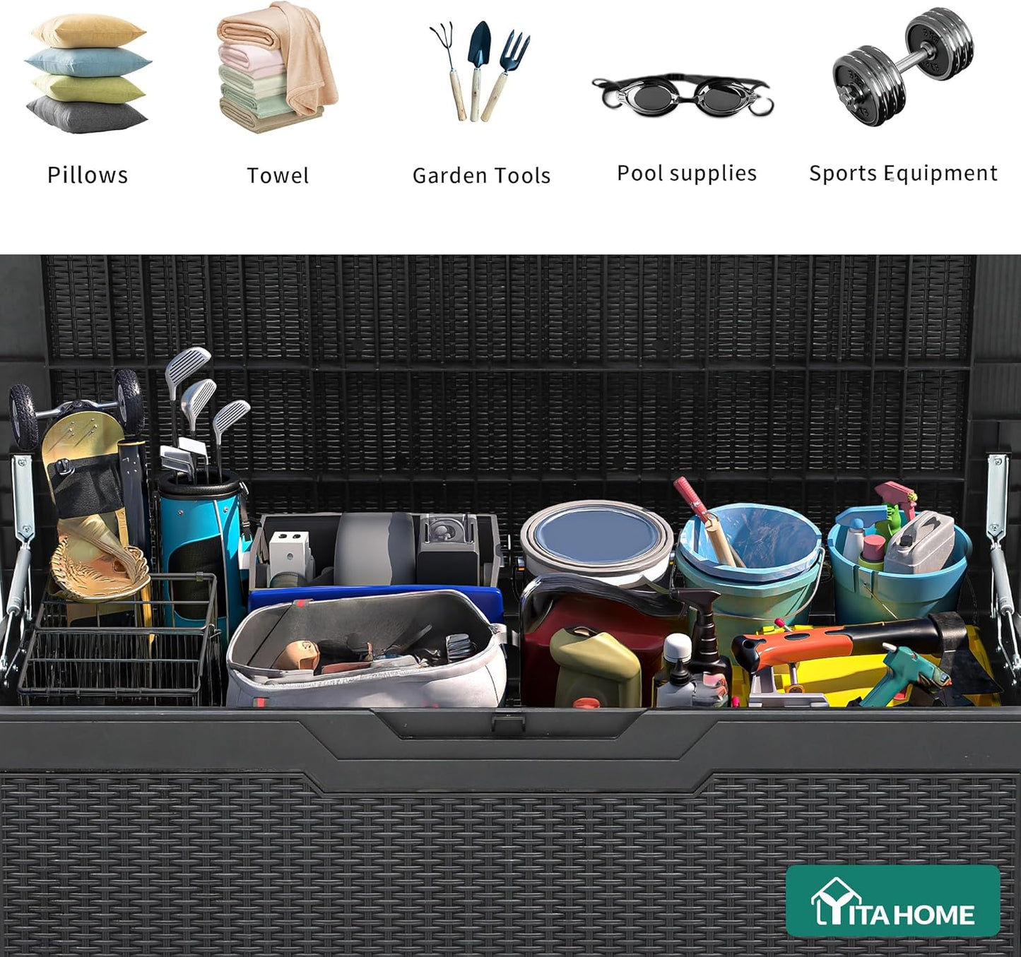 YITAHOME 100 Gallon Large Outdoor Deck Box | Waterproof Resin Storage Box, Lockable Indoor Outdoor Storage Container for Patio Furniture Cushions, Pool Accessories