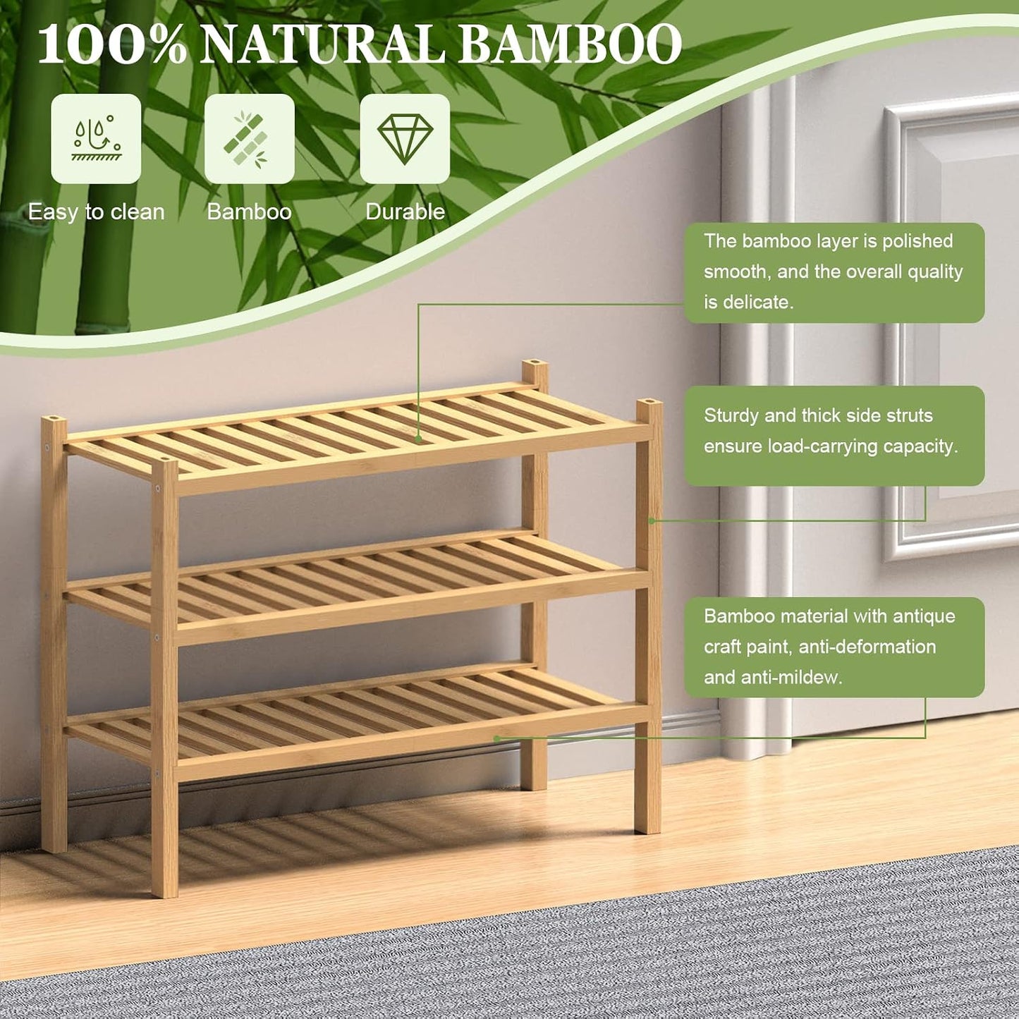 ROMGUAR CRAFT 3 Tier Bamboo Shoe Rack for Closet Free Standing Wood Shoe Shelf Storage Organizer for Entryway Small Space Stackable 27"x11"x20" (Natural)