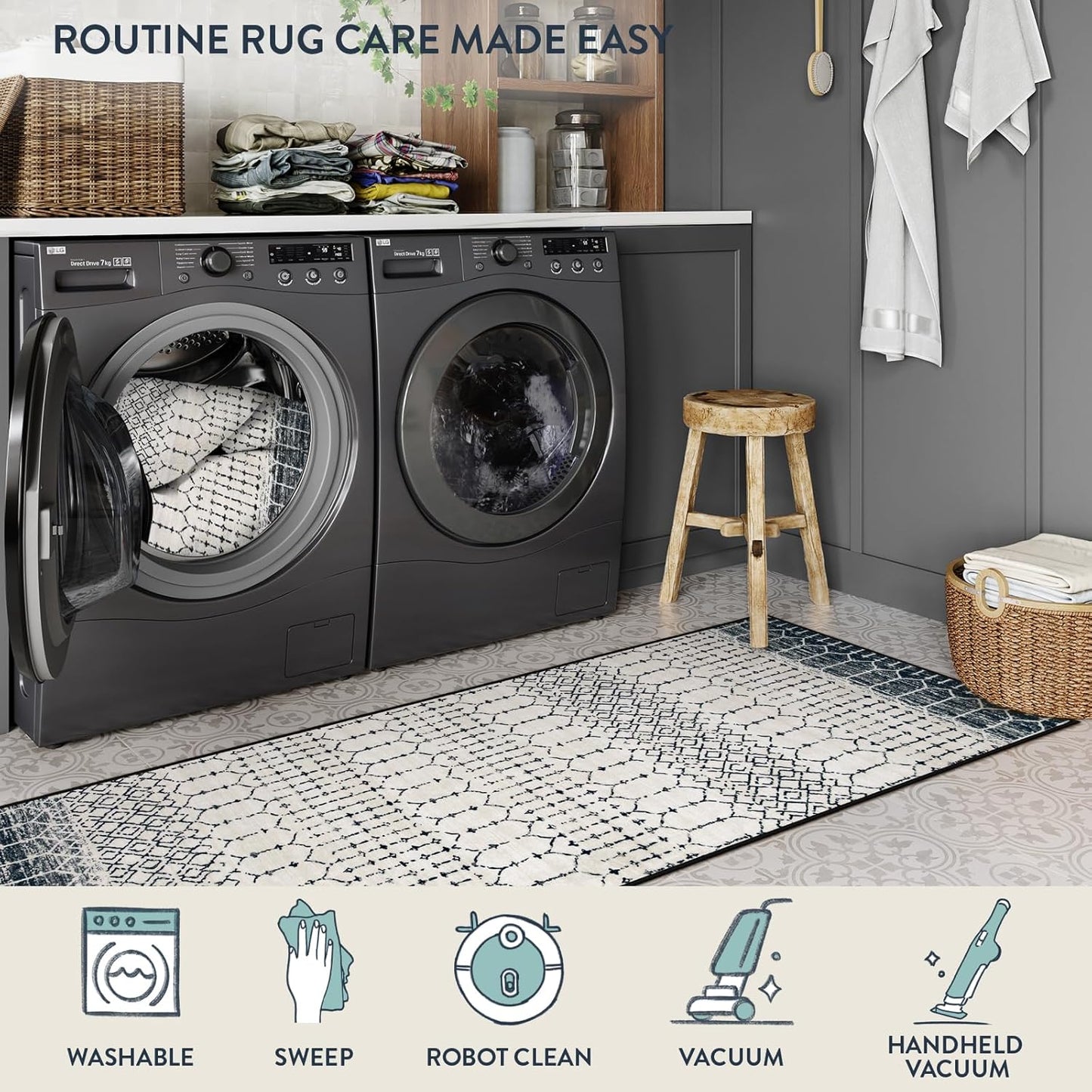 Lahome Moroccan Entry Rug 2x3, Non-Slip Washable Front Indoor Door Mat Rubber Backing Low-Profile Door Rugs, Small Geometric Print Distressed for Entryway Bathroom Kitchen, Black Hana