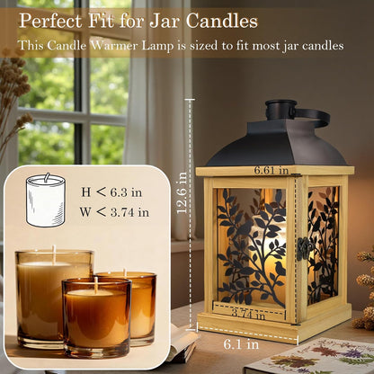 Candle Warmer Lamp Wood with Timer & Dimmer, Enclosed Flameless Top Down Candle Warmer, Farmhouse Lantern Candle Warmer for Jar Candles, Housewarming Home Decor Gift for Men & Women
