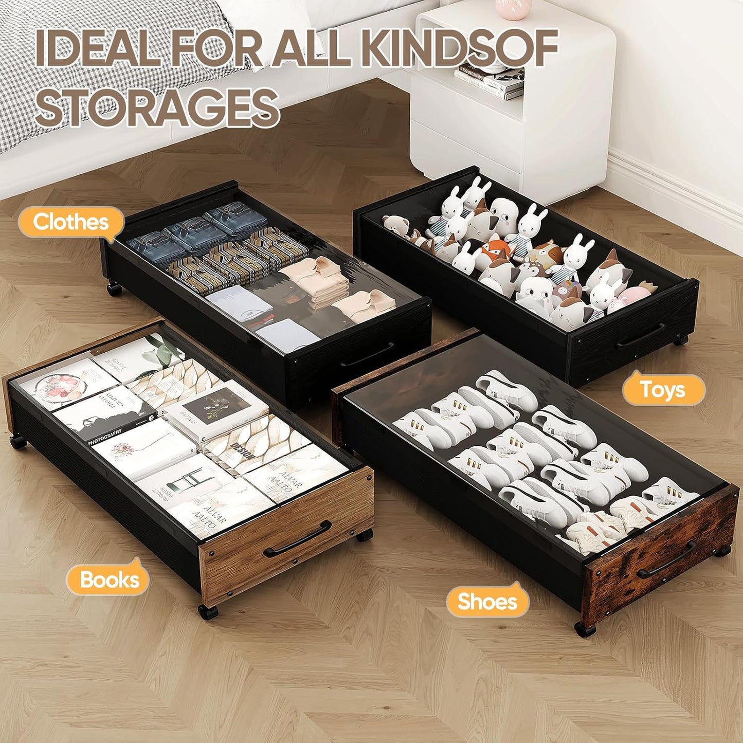 KITHELP Under Bed Storage Containers with Wheels, 2 Pack Underbed Shoe Storage Organizer with Removable Lids, Large Rolling Under Bed Storage Dresser Drawers for Clothes Toys Shoes Blankets