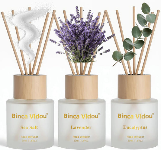 Reed Diffuser Set of 3, Binca Vidou Lavender, Eucalyptus & Sea Salt Natural Scent Oil Diffusers with Sticks for Home Office Bathroom Aromatherapy Decor 1.69oz x 3