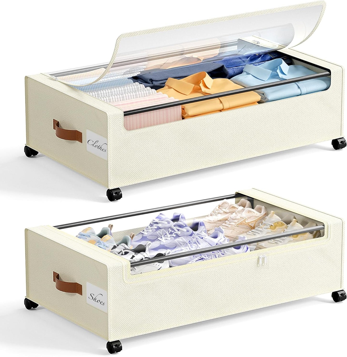 Yecaye Under Bed Storage with Wheels, 2 Pack Under Bed Storage Containers, 60L Underbed Shoe Storage with Clear Window & Label, Rolling Under Bed Metal Drawer for Clothes, Shoes, Books, Blankets