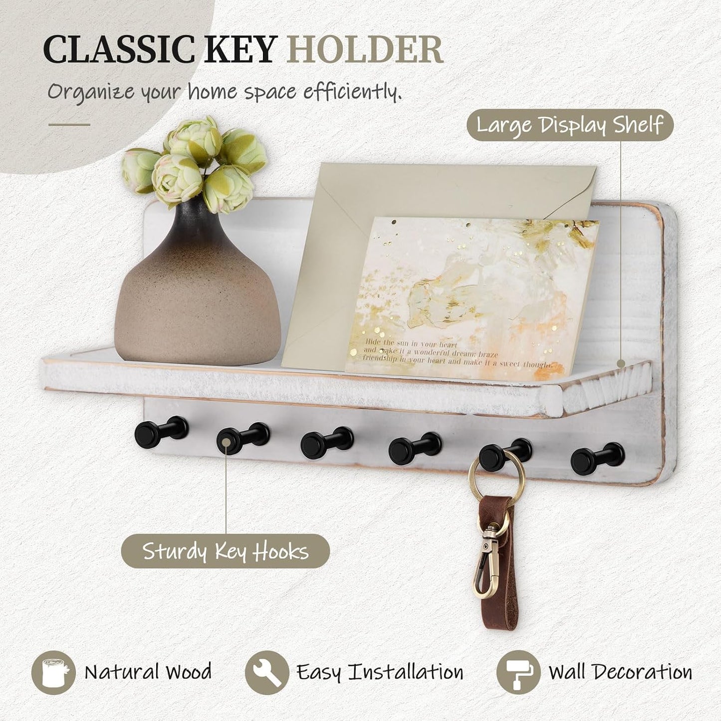 Nekon Key Holder for Wall with Shelf, Pine Wooden Key Hanger Wall Mounted, Farmhouse Wall Organizer for Home Entryway & Apartment (Standard, Wood)