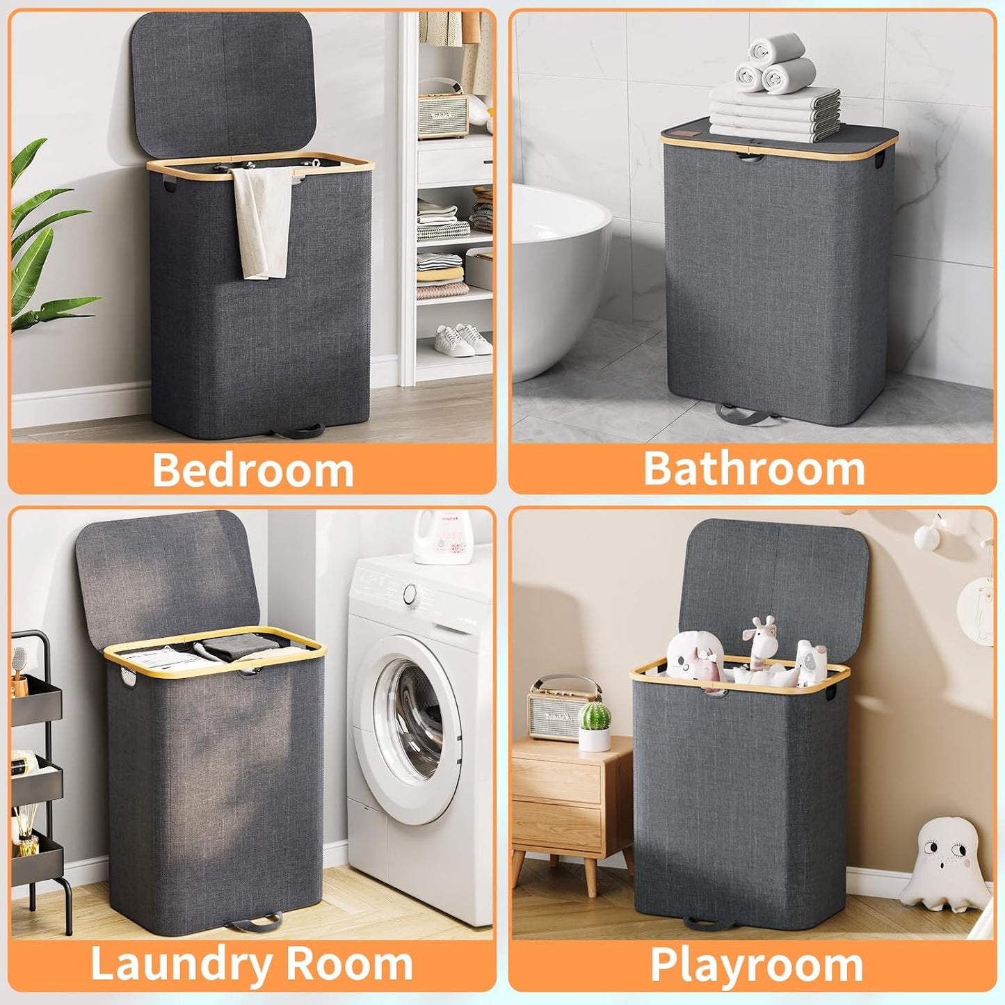 XLHOMO Double Laundry Hamper with Lid and Removable Bags, 150L Large Collapsible 2 Dividers Dirty Clothes Basket with Handles, Beige Double Laundry Basket Organizer for Bedroom,Laundry Room,College