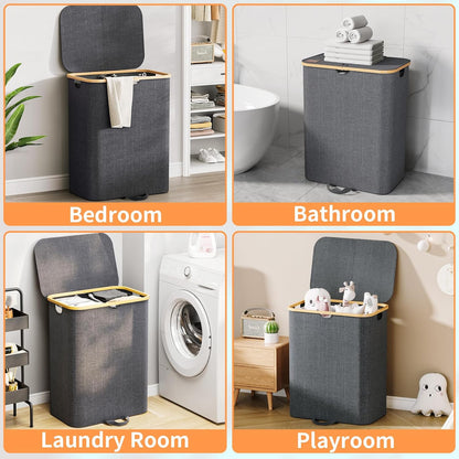 XLHOMO Double Laundry Hamper with Lid and Removable Bags, 150L Large Collapsible 2 Dividers Dirty Clothes Basket with Handles, Beige Double Laundry Basket Organizer for Bedroom,Laundry Room,College