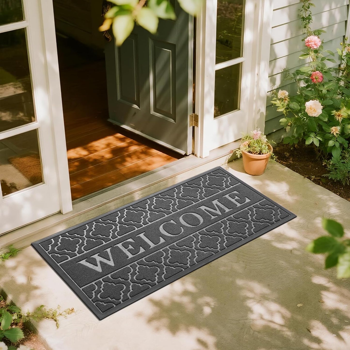 Yimobra Welcome Mat Outdoor Indoor, All-Weather Waterproof Front Door Mat Outside Entrance, Non-Slip Low Profile Porch Patio Doormat, 29.5x17, Black