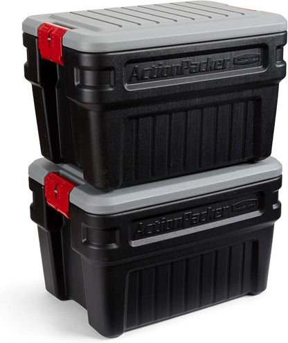 Rubbermaid ActionPacker 35 Gallon, Made in USA, Lockable Plastic Storage Bin with Lid and Wheels- Outdoor, Industrial, Rugged, Camping Gear and Truck Bed Storage - Gray and Black