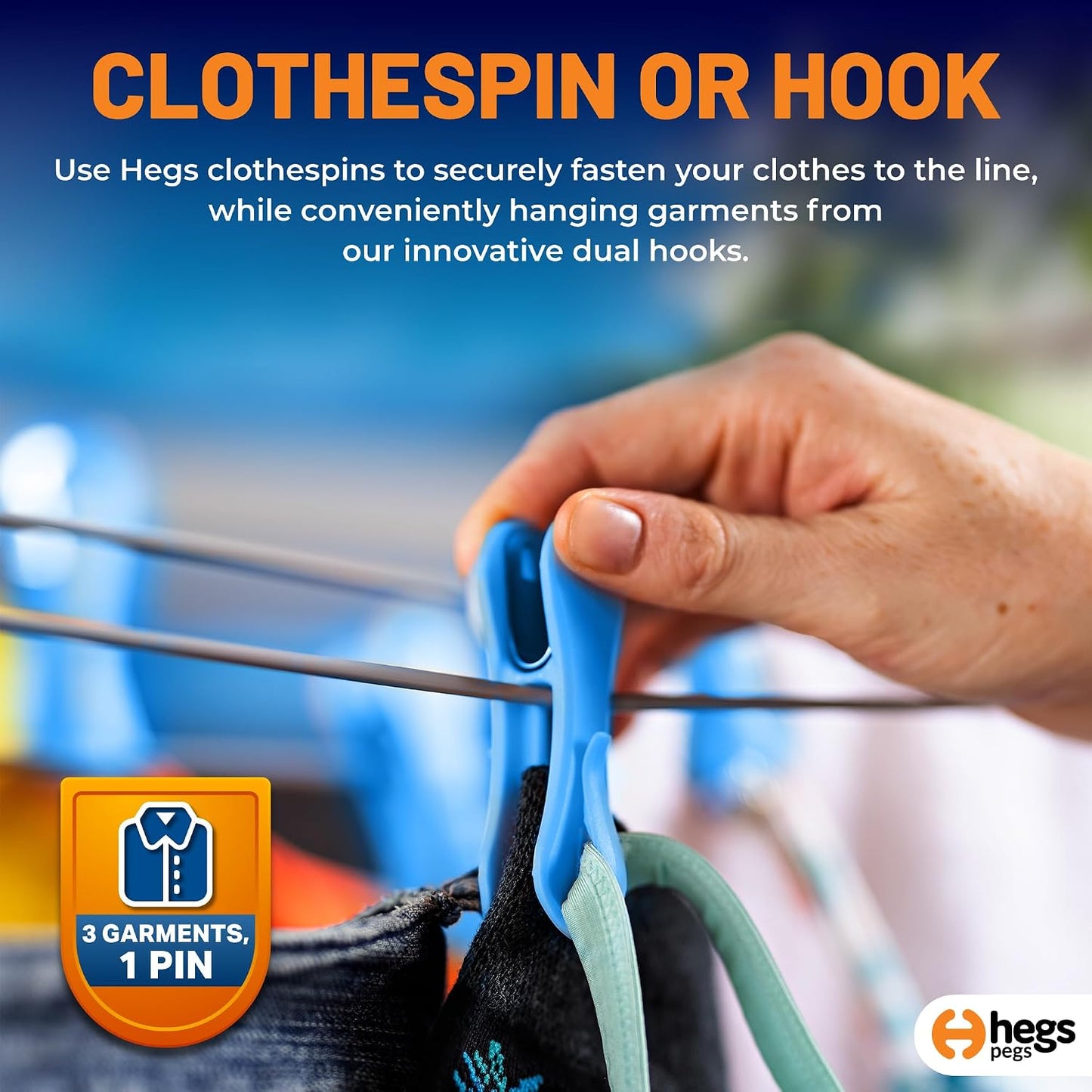 Hegs 24 Pack Multi-Color - The Smartest Heavy Duty Clothespins with Hooks - Hang 3 Garments at Once with Our Tough, Dual Hooks Clothes Pins with Anti-Rust Spring - Durable, Colorful Clothespins