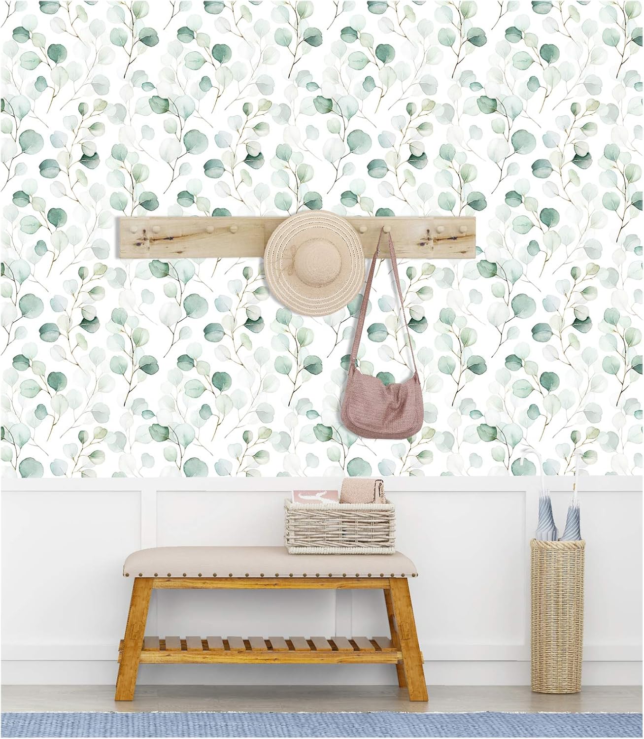 HAOKHOME Peel and Stick Wallpaper Boho Green/White Botanical Leaf Floral Wall Mural Home Nursery Decor Renter Friendly Wallpaper 17.3in x 9.8ft