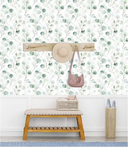 HAOKHOME Peel and Stick Wallpaper Boho Green/White Botanical Leaf Floral Wall Mural Home Nursery Decor Renter Friendly Wallpaper 17.3in x 9.8ft