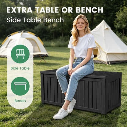 100 Gallon Storage Box, Waterproof Resin Deck Box with Hydraulic Piston Design, Lockable Storage Bench for Package Delivery, Storage Bin for Patio Cushions, Garden Tools, Black