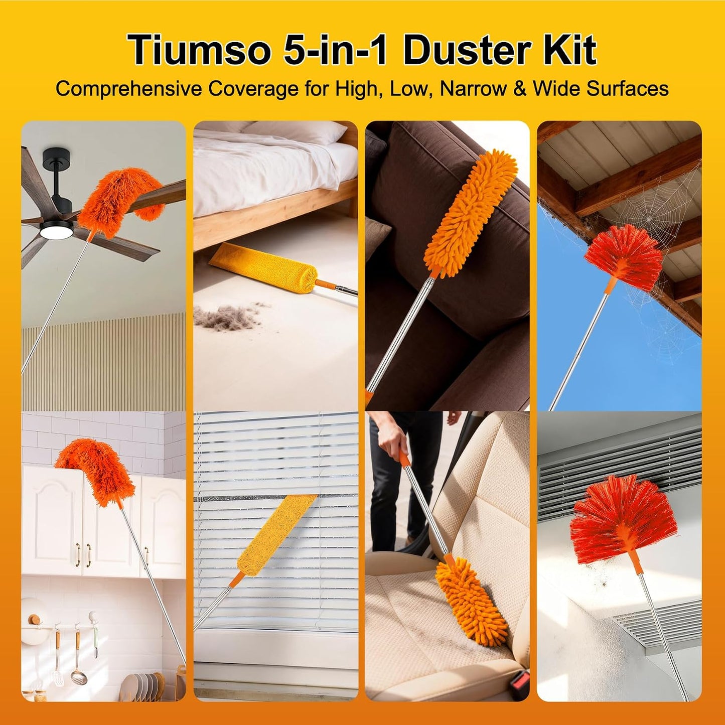 Tiumso Dusters for Cleaning,Microfiber Feather Duster 5-in-1 Kit, Duster with Extension Pole 100 Inches, Cobweb Duster, Microfiber Dusters for High Ceilings and Fans, Blinds and Cars