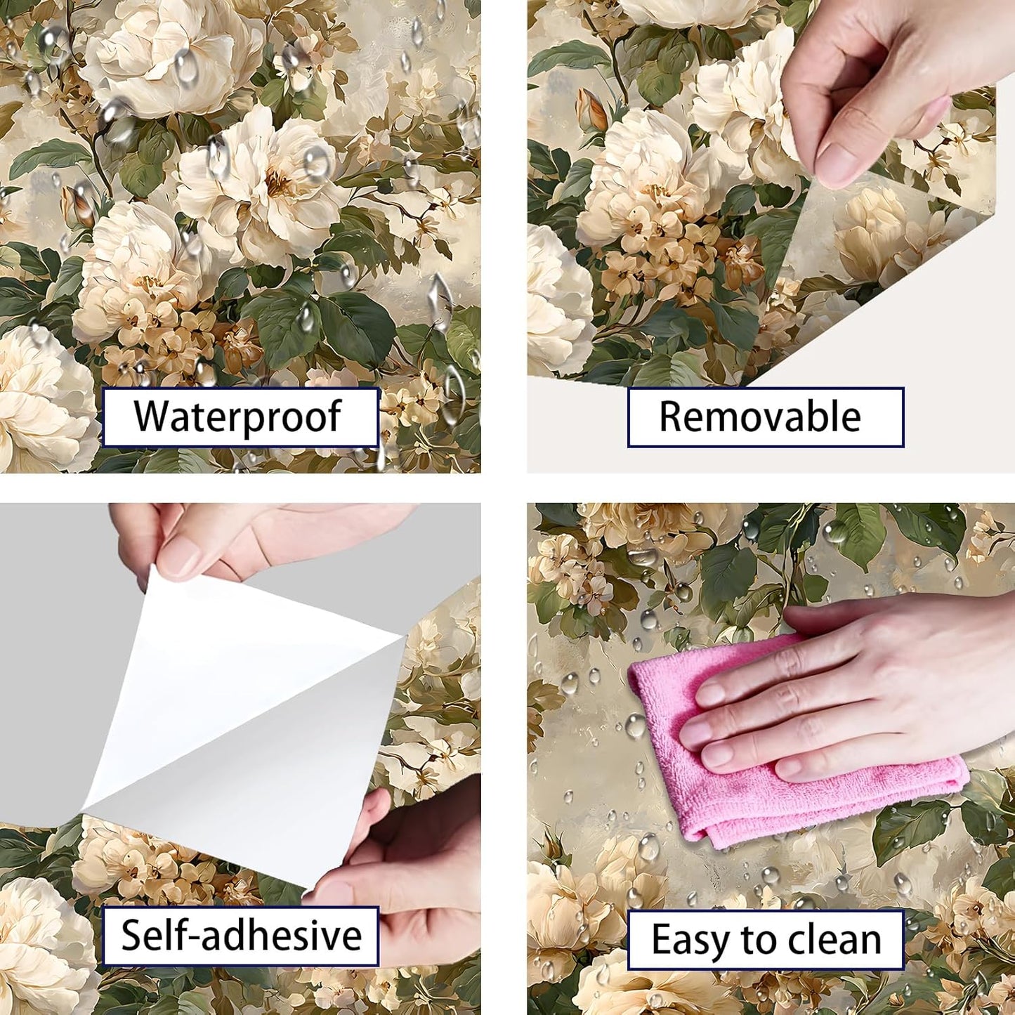 Peel and Stick Wallpaper, Soft Wildflower Botanical Contact Paper, PVC Vinyl Removable Wall Covering, Waterproof Easy-Clean, No Residue Renter Friendly, Neutral Decor, 39.4x17.3 in (Flowers2)