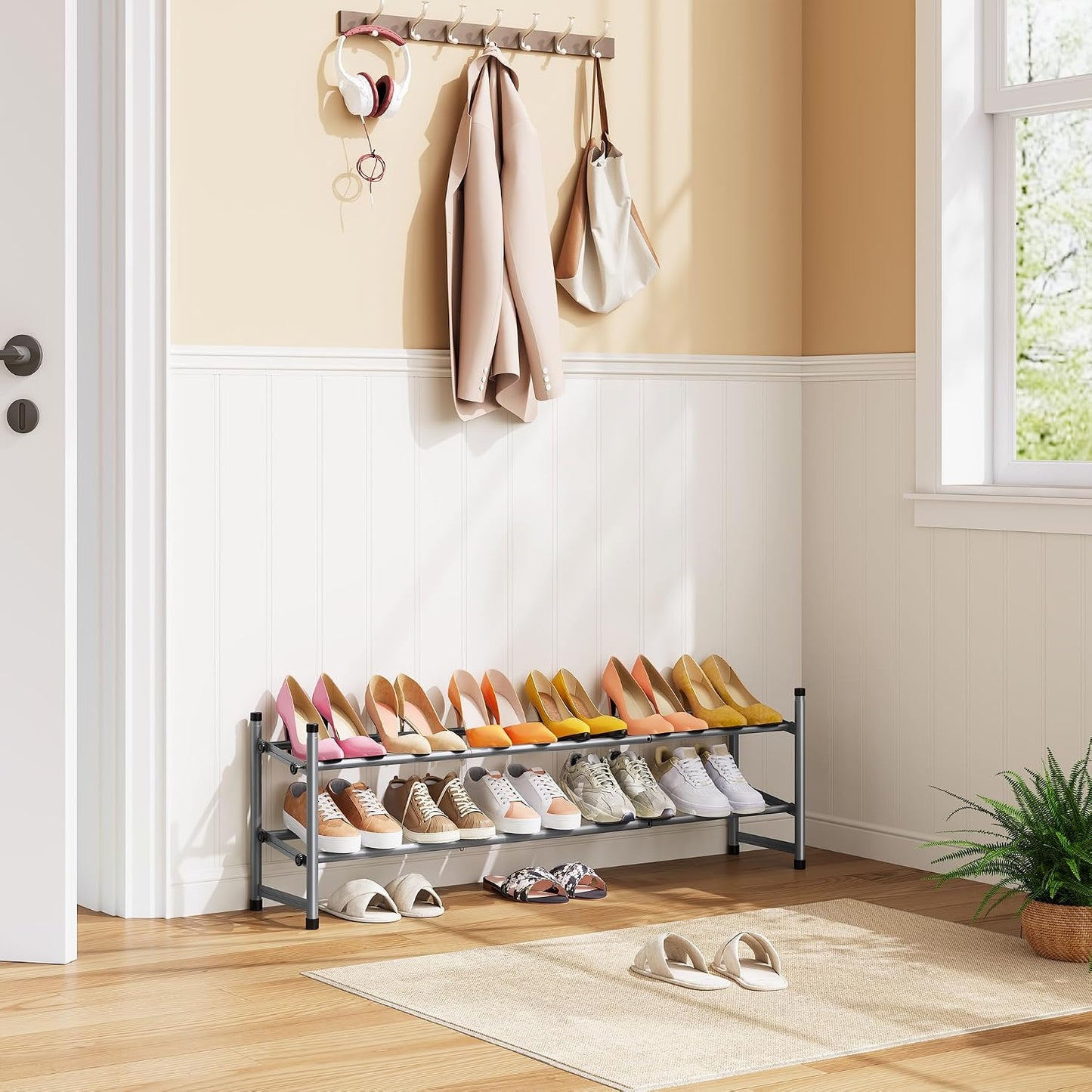 Tajsoon Expandable Shoe Rack for Closet 3 Tier, 28“-41“Adjustable & Stackable Shoe Shelf Storage, Metal Shoe Rack Organizer for Front Door Entrance, Closet, Garage, Entryway, Black
