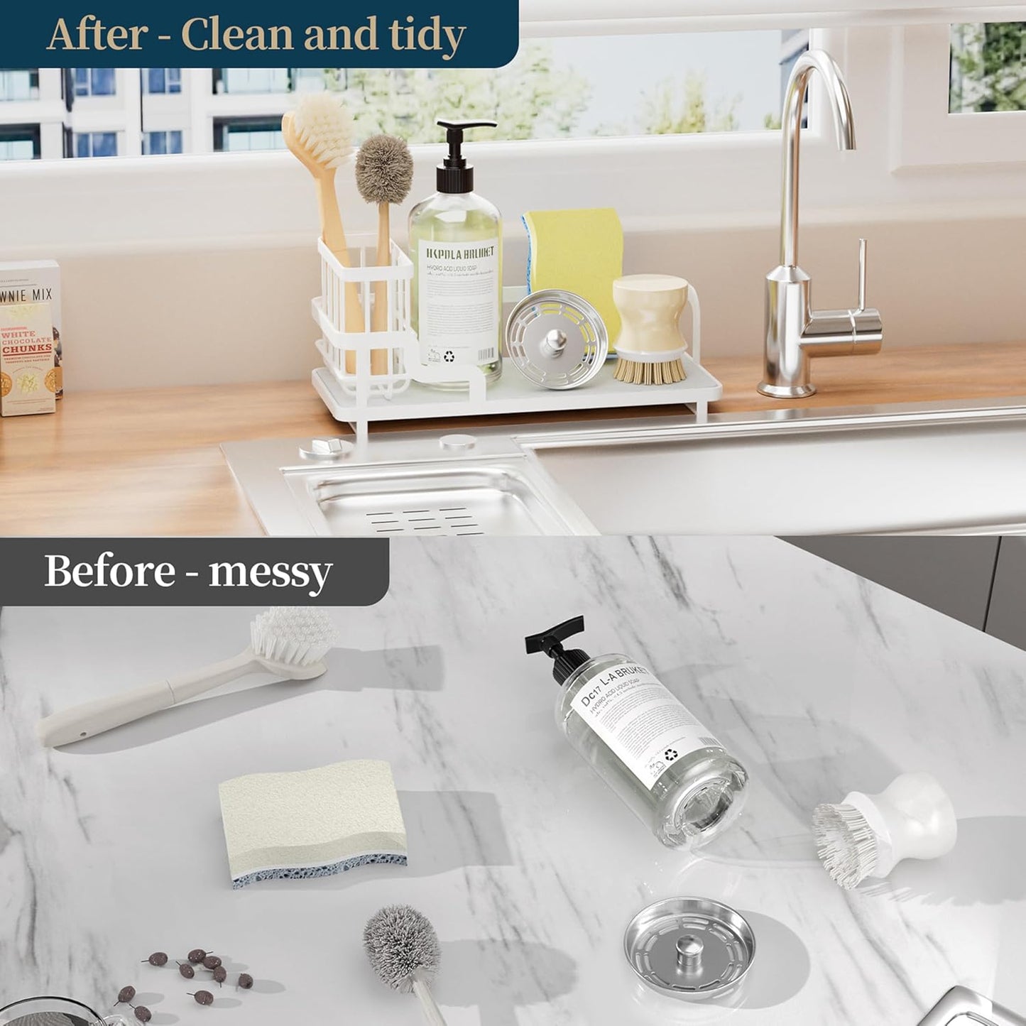 Consumest Sponge Holder for Kitchen Sink - Sink Caddy Organizer with Water Absorbing Stone Tray, Detachable Brush Holder, Stainless Steel Kitchen Counter Organizer Rack, Black