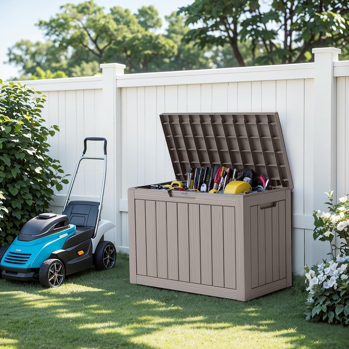 EasyUp 33 Gallon Resin Deck Box Waterproof, UV Resistant Outdoor Storage Box for Delivery, Porch, Patio and Garden, Stripe Black