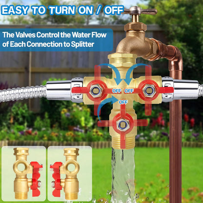 Hose Splitter 2 Way Heavy Duty, Upgrade Full Flow Brass Garden Hose Splitter Connector, Outdoor Water Spigot Splitter with Long Handle, Y Valve 3/4 Inch GHT Thread