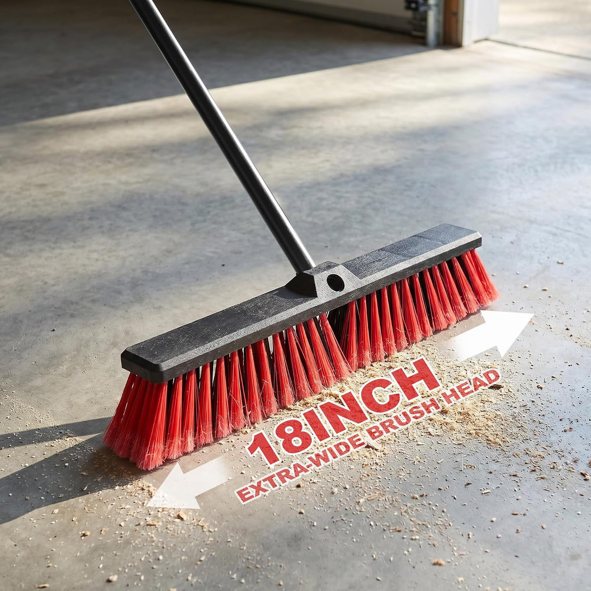 18" Heavy Duty Push Broom - 61" Adjustable 4-Section Metal Handle Stiff Flagged Hard Bristles Indoor Outdoor Floor Broom for Garage Patio Concrete Deck Shop Warehouse (Yellow, 18inches Wide)