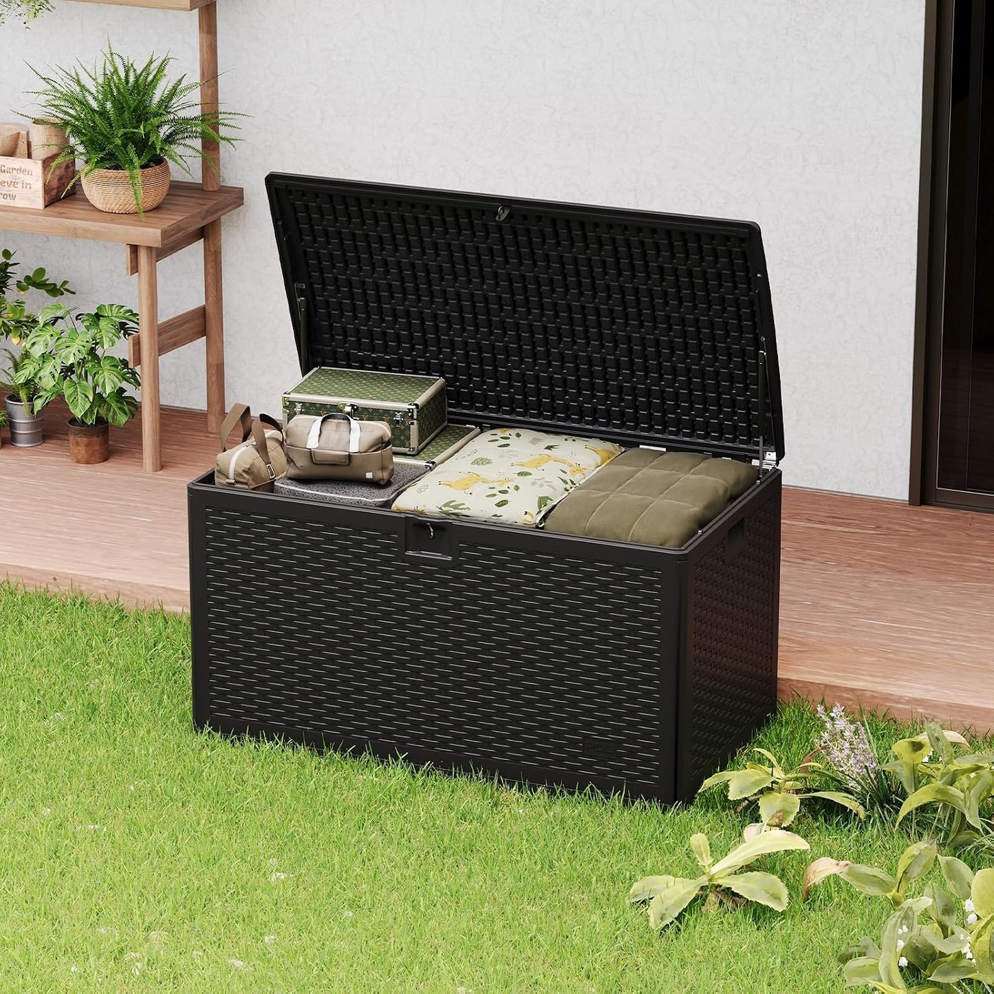 73 Gallon Lockable Outdoor Storage Bench Box, Waterproof & UV Resistant Patio Deck Container for Cushions, Pool Supplies & Yard Toys
