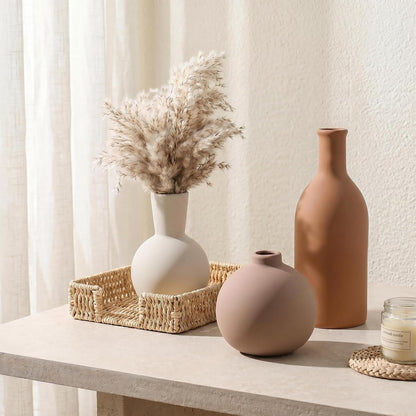 Ceramic Vase Set of 3, Modern Minimalist Neutral Home Decor, Boho Rustic Farmhouse Decorative Vases for Pampas Grass Dried Flowers | Table Centerpiece Entryway Mantel Bookshelf(Black Mix Set - Gray#1)
