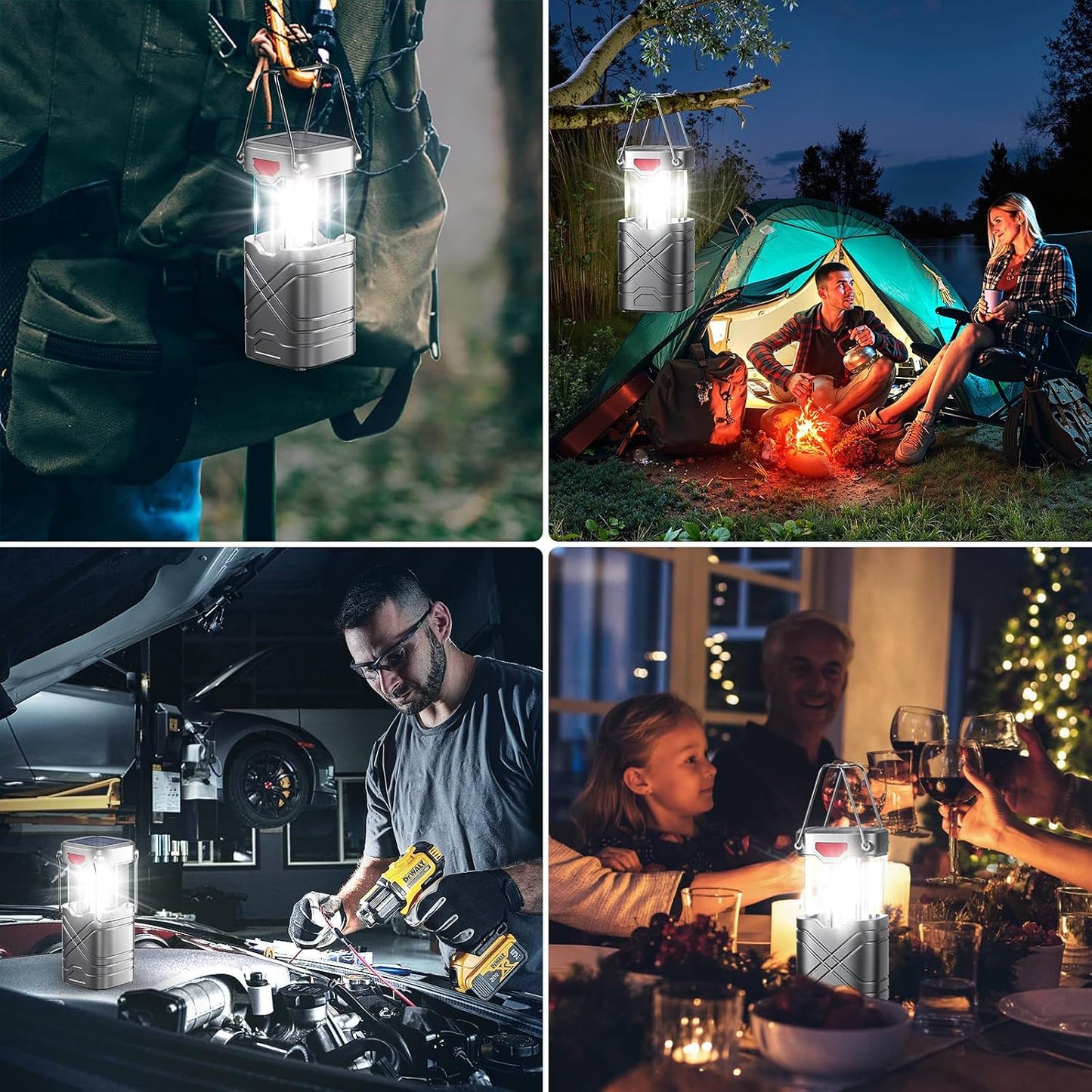 LETMY 4 Pack Camping Lantern, Rechargeable LED Lanterns, Solar Lantern Battery Powered Hurricane Lanterns Flashlight with 3 Powered Ways & USB Cable for Emergency, Power Outage, Hurricane Supplies
