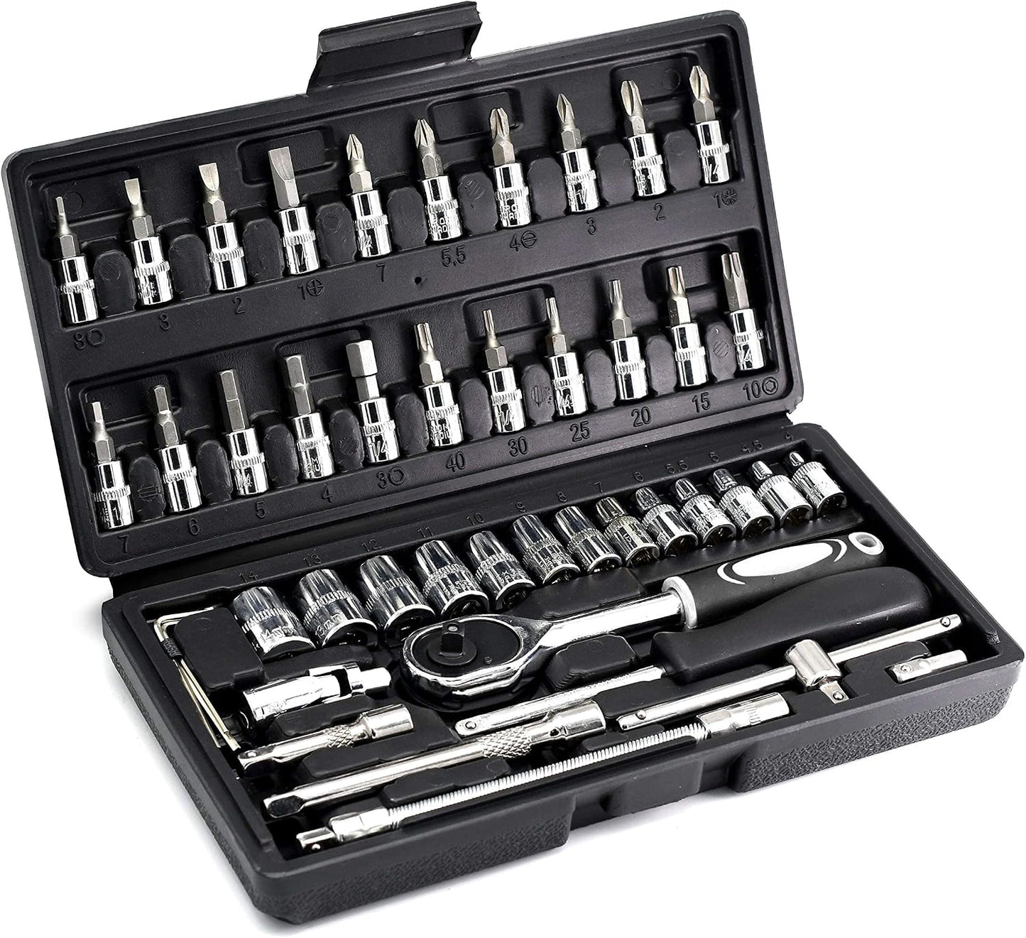 46PCS 1/4 inch Drive Socket Set,Metric Ratchet Wrench Set with 4-14mm CR-V Sockets,S2 Bits,Extension Bars,Mechanic Tool Kits for Household Auto Repair