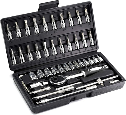 46PCS 1/4 inch Drive Socket Set,Metric Ratchet Wrench Set with 4-14mm CR-V Sockets,S2 Bits,Extension Bars,Mechanic Tool Kits for Household Auto Repair