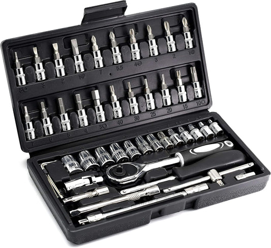46PCS 1/4 inch Drive Socket Set,Metric Ratchet Wrench Set with 4-14mm CR-V Sockets,S2 Bits,Extension Bars,Mechanic Tool Kits for Household Auto Repair