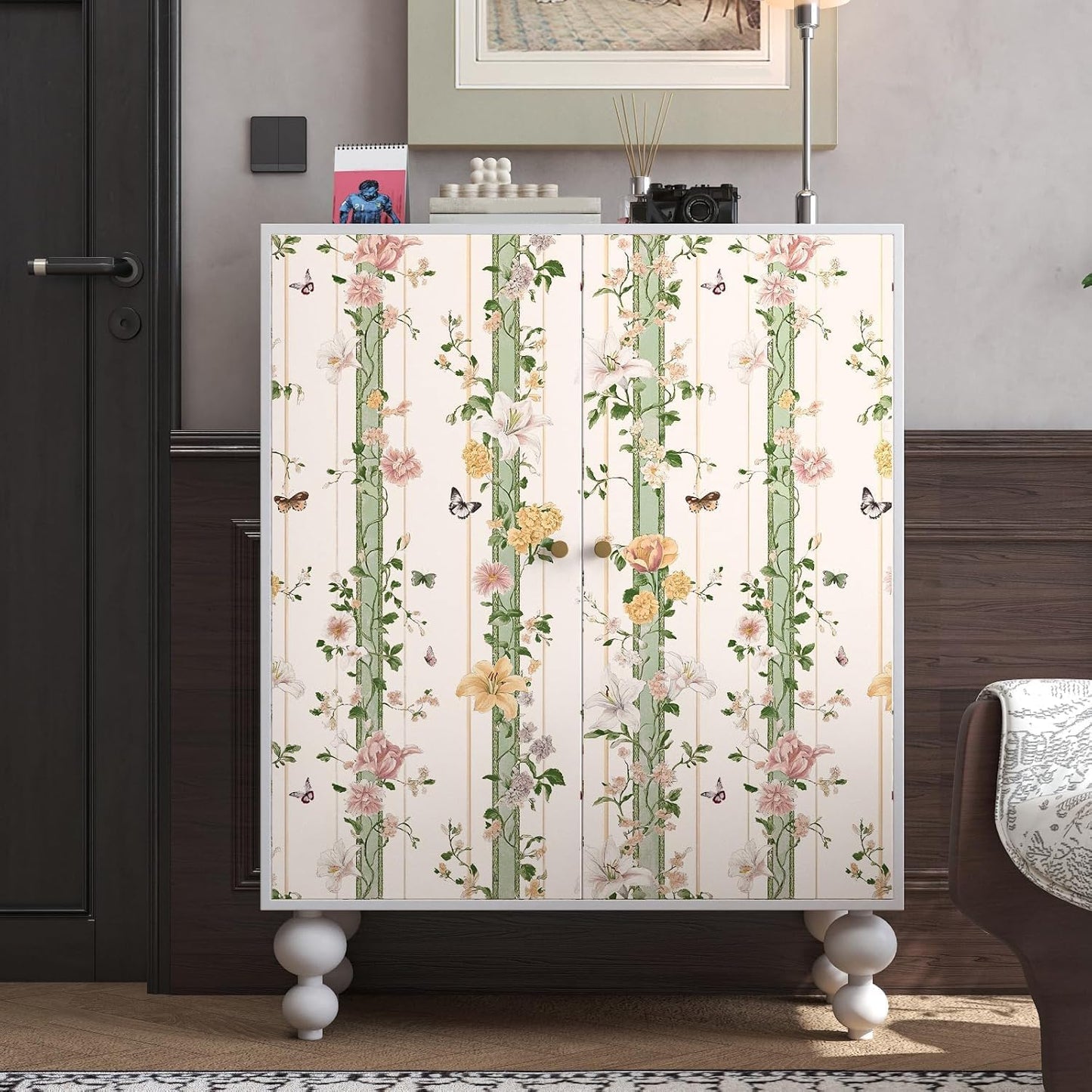 BOKEBEVE Leaves Contact Paper Floral Wallpaper Stick and Peel Boho Damask Wall Paper for Liner Drawer Cabinet Backsplash Renter Friendly Waterproof 17.5 x 118In