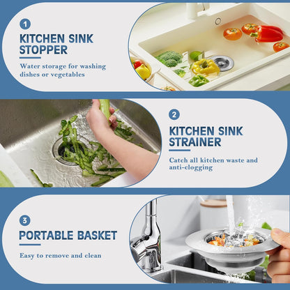 Sink Drain Strainer 3 in 1, 304 Stainless Steel Pop Up Kitchen Sink Stopper with Anti-Clogging Basket, Kitchen Essential Drain Anti-Clog Gadgets, Fits US Standard 3-1/2'' Sink Drain (SUS 304 Brushed)