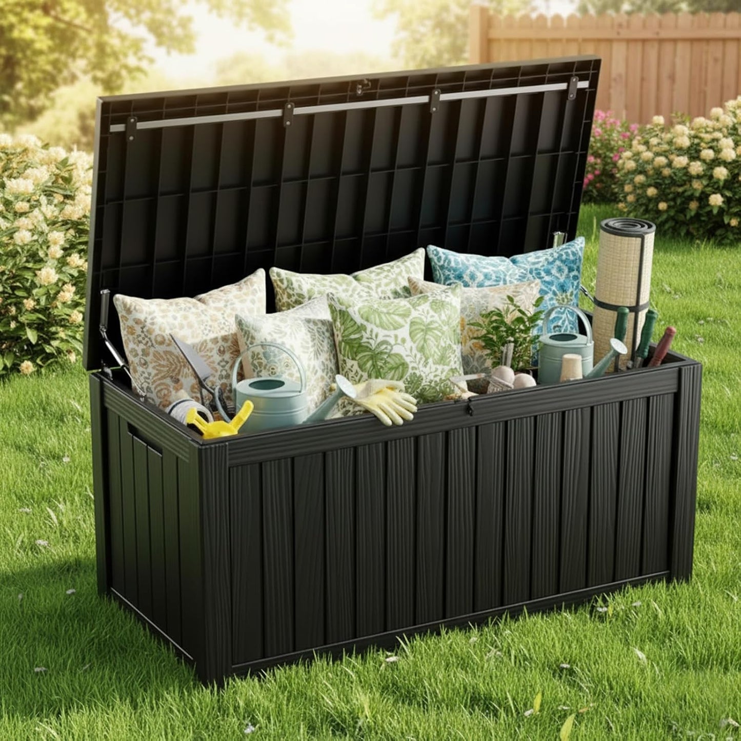 MAKINO 152 Gallon Resin Outdoor Storage Box, Waterproof Deck Box with Lockable Lid, Outside Storage Box for Patio Furniture, Pool Accessories, Garden Tools, Storage Bench for Backyard, Porch, Black