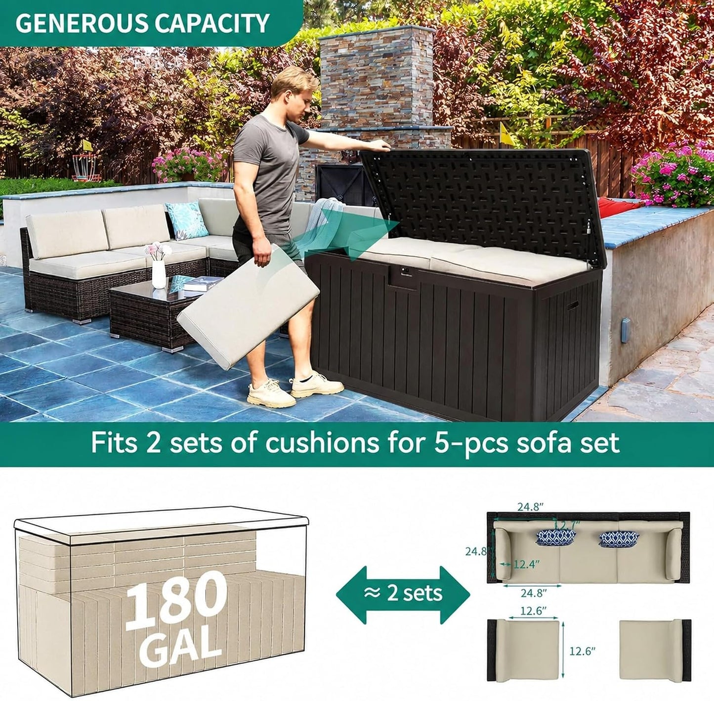 YITAHOME 100 Gallon Large Outdoor Deck Box | Waterproof Resin Storage Box, Lockable Indoor Outdoor Storage Container for Patio Furniture Cushions, Pool Accessories