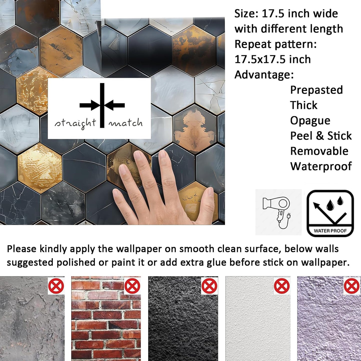 Livelynine 17.5x276" Waterproof Peel and Stick Wallpaper for Kitchen Wall Tiles Backsplash Renter Friendly Bathroom Wallpaper Waterproof Modern Removable Contact Paper for Walls Shower Tile Sticker