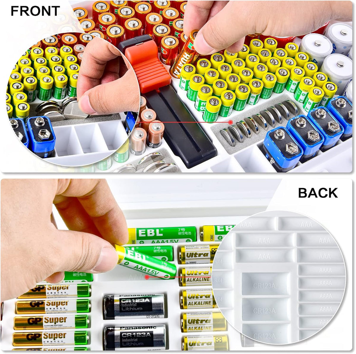 Xuerdon Battery Organizer Storage Holder Case with Double-Sided, Garage Box Container with Tester Checker.Battery Vault Box Holder Container for 134pcs AA AAA Batteries